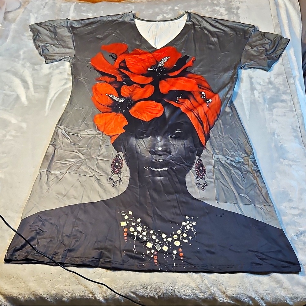 Gray Knit V-Neck Cap Sleeve Stretch Pullover Tunic Graphic Print Plus 2XL